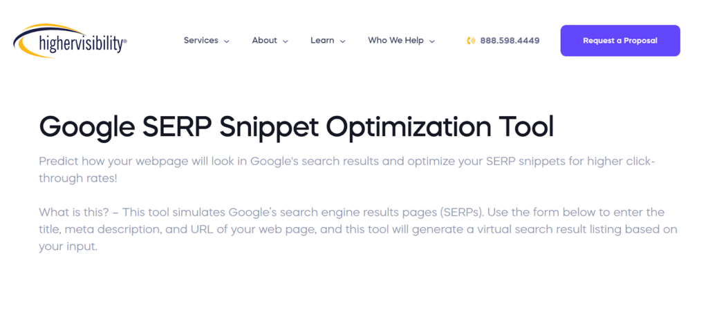 HigherVisibility Google SERP Snippet Optimization Tool home page