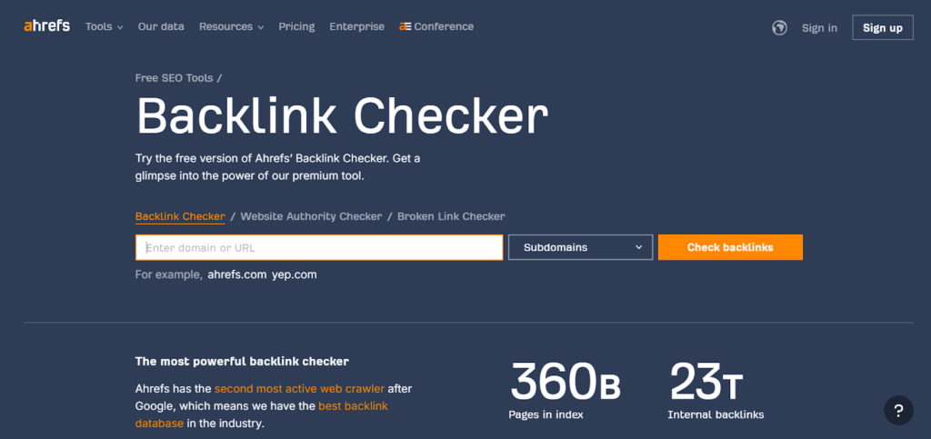 Ahrefs Backlink Checker home page