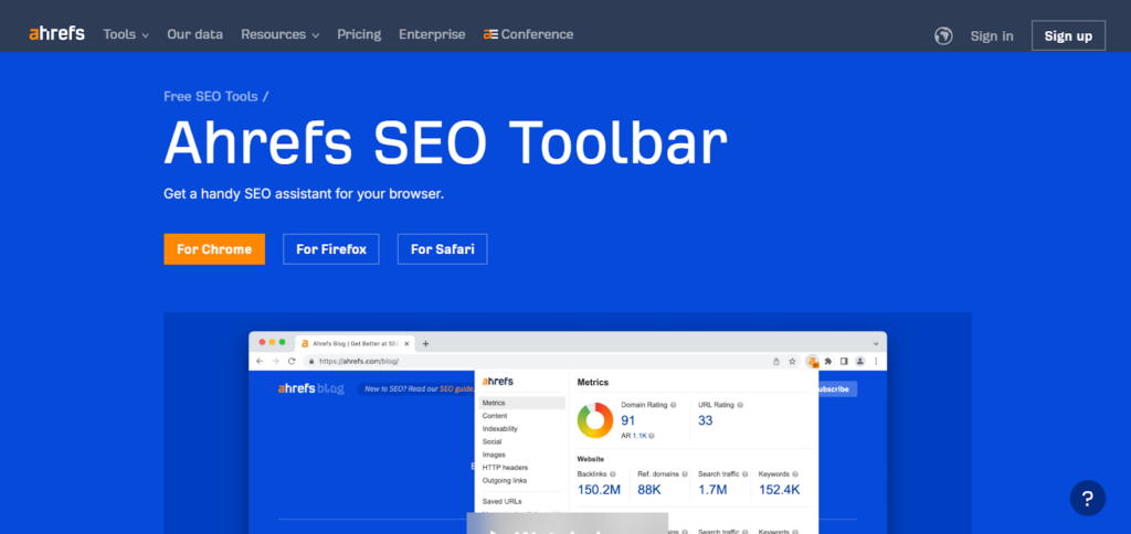 Ahrefs SEO toolbar home page