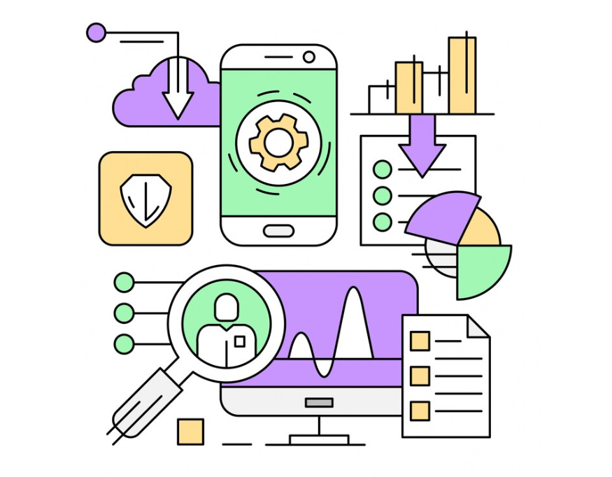 icons representing SEO tools, analytics, charts, and mobile optimization